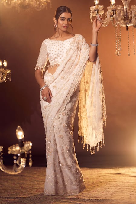 Azeera_Pink Silk Cut Work, Sequins, Stones, Kareen Floral Jaal With Blouse _at_Aza_Fashions