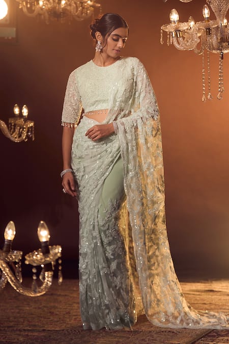 Azeera_Blue Chiffon Cut Work, Sequins, Beads, Floral Jaal Embroidered Saree With Blouse _Online_at_Aza_Fashions