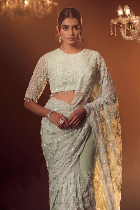 Buy_Azeera_Blue Chiffon Cut Work, Sequins, Beads, Floral Jaal Embroidered Saree With Blouse _Online_at_Aza_Fashions