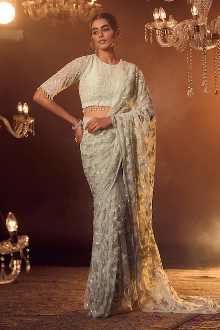 Shop_Azeera_Blue Chiffon Cut Work, Sequins, Beads, Floral Jaal Embroidered Saree With Blouse _Online_at_Aza_Fashions