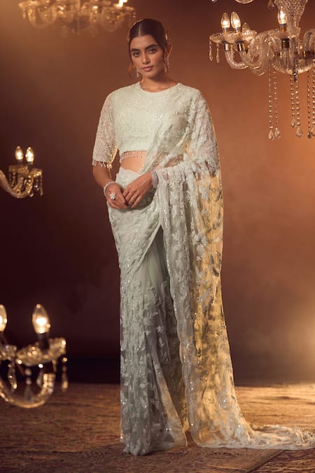Azeera_Blue Chiffon Cut Work, Sequins, Beads, Floral Jaal Embroidered Saree With Blouse _at_Aza_Fashions