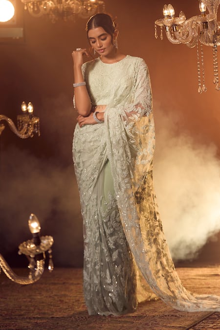Buy_Azeera_Blue Chiffon Cut Work, Sequins, Beads, Floral Jaal Embroidered Saree With Blouse 