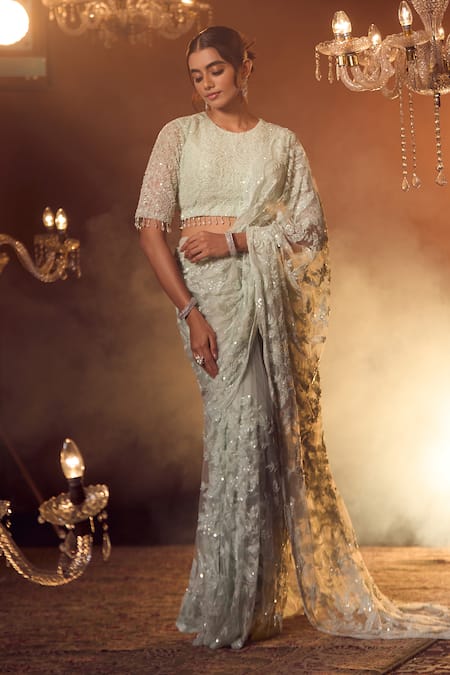 Shop_Azeera_Blue Chiffon Cut Work, Sequins, Beads, Floral Jaal Embroidered Saree With Blouse 