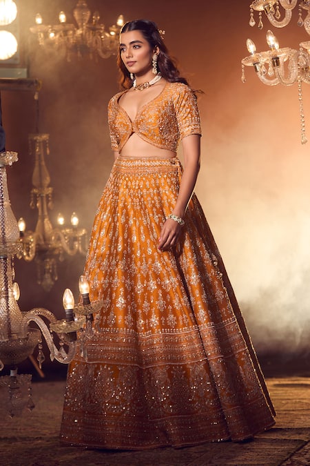 Azeera_Orange Silk, Georgette Embroidery, Sequins, Floral Zardozi Bridal Lehenga Set _Online_at_Aza_Fashions
