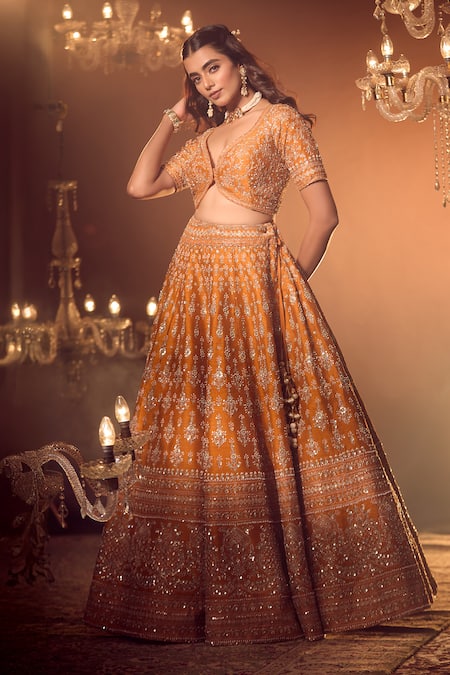 Buy_Azeera_Orange Silk, Georgette Embroidery, Sequins, Floral Zardozi Bridal Lehenga Set _Online_at_Aza_Fashions