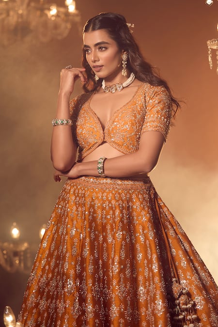 Shop_Azeera_Orange Silk, Georgette Embroidery, Sequins, Floral Zardozi Bridal Lehenga Set _Online_at_Aza_Fashions