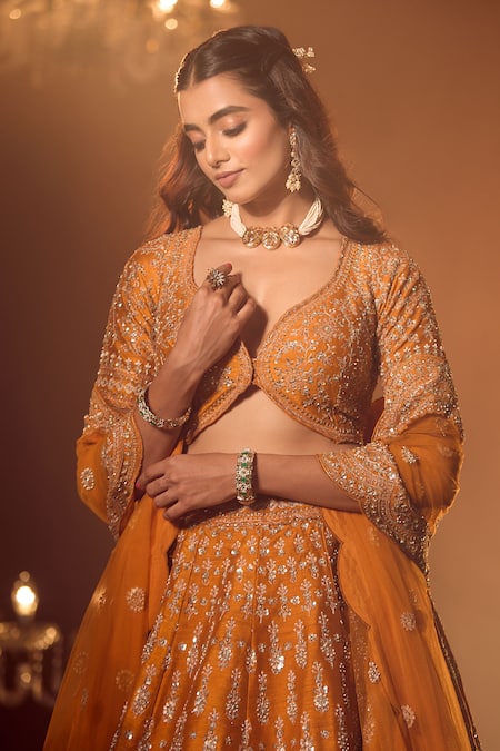 Azeera_Orange Silk, Georgette Embroidery, Sequins, Floral Zardozi Bridal Lehenga Set _at_Aza_Fashions