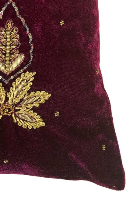 Shop_Alcove_Maroon Silk Hand Embroidery Cushion Cover_at_Aza_Fashions
