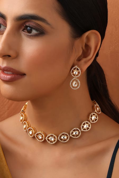 Buy_Swabhimann_Gold Plated Diamonds, Stones Polki Embellished Necklace Set _Online_at_Aza_Fashions