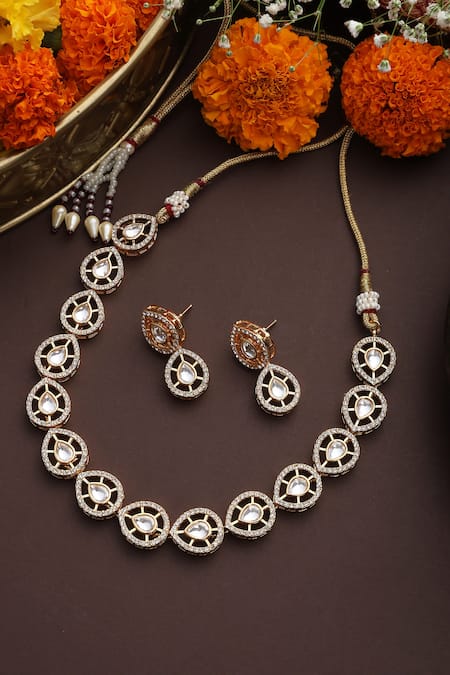 Shop_Swabhimann_Gold Plated Diamonds, Stones Polki Embellished Necklace Set _Online_at_Aza_Fashions