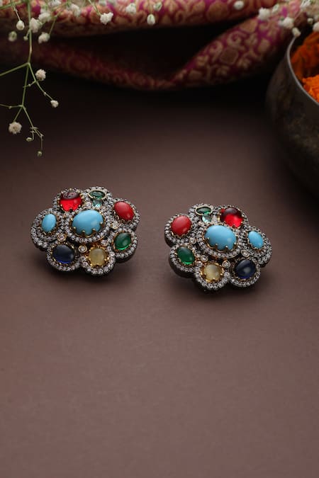 Shop_Swabhimann_Multi Color Stones, Zari Bloom Zirconia Stud Earrings _at_Aza_Fashions