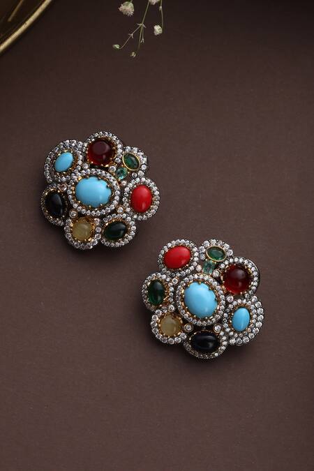 Swabhimann_Multi Color Stones, Zari Bloom Zirconia Stud Earrings _Online_at_Aza_Fashions