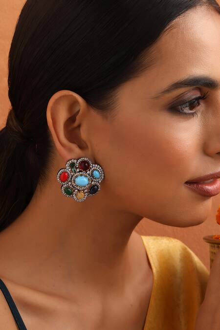 Buy_Swabhimann_Multi Color Stones, Zari Bloom Zirconia Stud Earrings _Online_at_Aza_Fashions