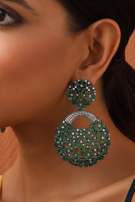 Swabhimann_Green Stones, Zari Ambrosia Embellished Danglers _Online_at_Aza_Fashions