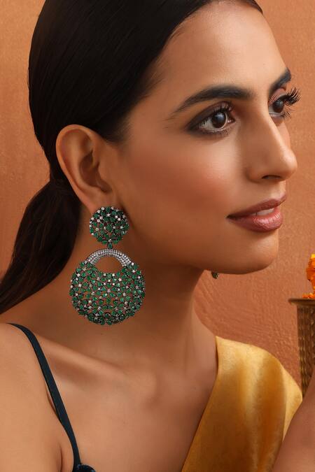 Shop_Swabhimann_Green Stones, Zari Ambrosia Embellished Danglers _Online_at_Aza_Fashions
