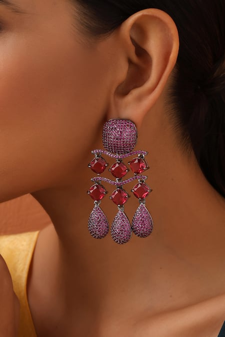 Swabhimann_Pink Stones Trellis Embellished Danglers _Online_at_Aza_Fashions