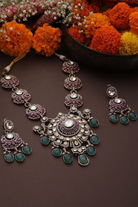Swabhimann Phool Stone Embellished Polki Pendant Necklace Set 