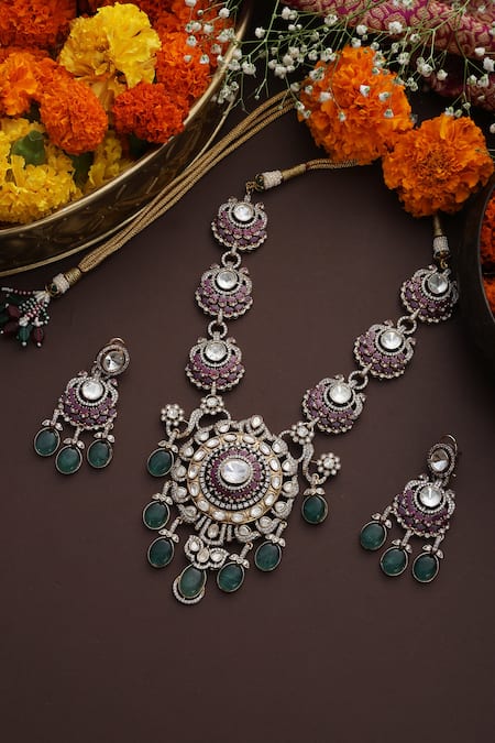 Buy_Swabhimann_Multi Color Stones, Zari Phool Embellished Polki Pendant Necklace Set _Online_at_Aza_Fashions