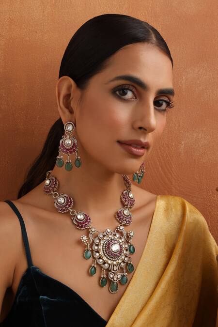 Shop_Swabhimann_Multi Color Stones, Zari Phool Embellished Polki Pendant Necklace Set _Online_at_Aza_Fashions