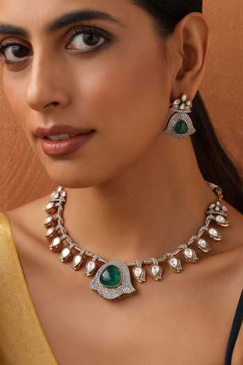 Swabhimann_Green Stones, Zari Tribal Teardrop Polki Necklace Set _Online_at_Aza_Fashions