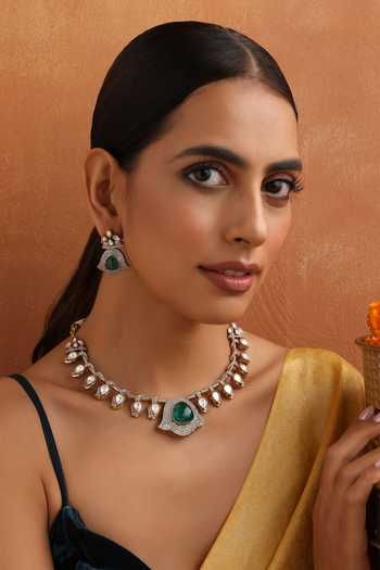 Shop_Swabhimann_Green Stones, Zari Tribal Teardrop Polki Necklace Set _Online_at_Aza_Fashions