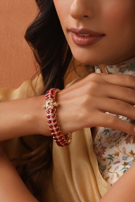Shop_Swabhimann_Red Diamonds, Stones Kundan Vine Embellished Kada_Online_at_Aza_Fashions