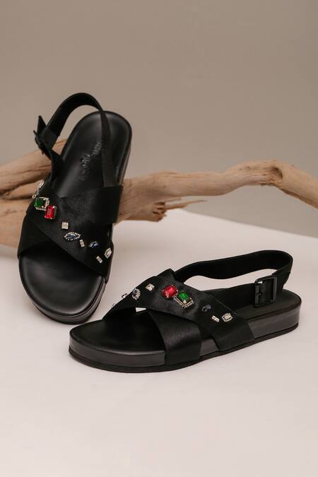 Shop The Frou Frou Studio Black Cross Strap Stone Studded Sliders at Aza Fashions Shop_The Frou Frou Studio_Black Cross Strap Stone Studded Sliders_at_Aza_Fashions
