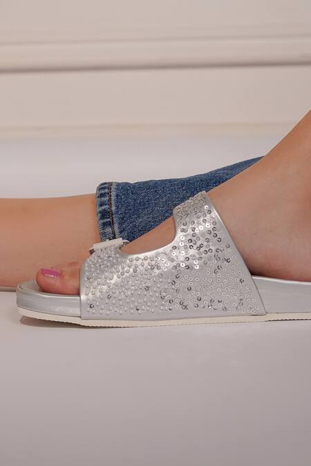 The Frou Frou Studio_Silver Pearl Embellished Serenity Sliders_Online_at_Aza_Fashions