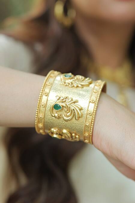 ZARIIN_Green Crystals Peacock Enigma Cuff_at_Aza_Fashions