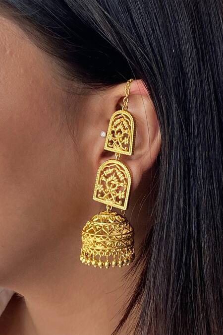 Buy_Zariin_Gold Plated Embroidery, Beads Bareilly Filigree Jhumka _Online_at_Aza_Fashions
