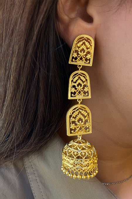 ZARIIN_Gold Plated Bareilly Floral Filigree Jhumka_at_Aza_Fashions