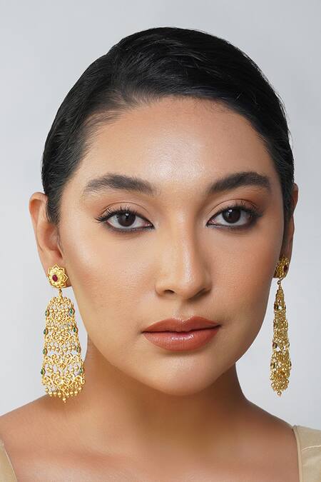 Zariin_Red Chains, Crystals Glorious Drama Filigree Earrings _Online_at_Aza_Fashions