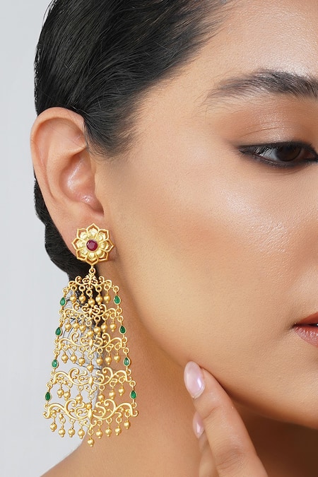 Shop_Zariin_Red Chains, Crystals Glorious Drama Filigree Earrings _Online_at_Aza_Fashions