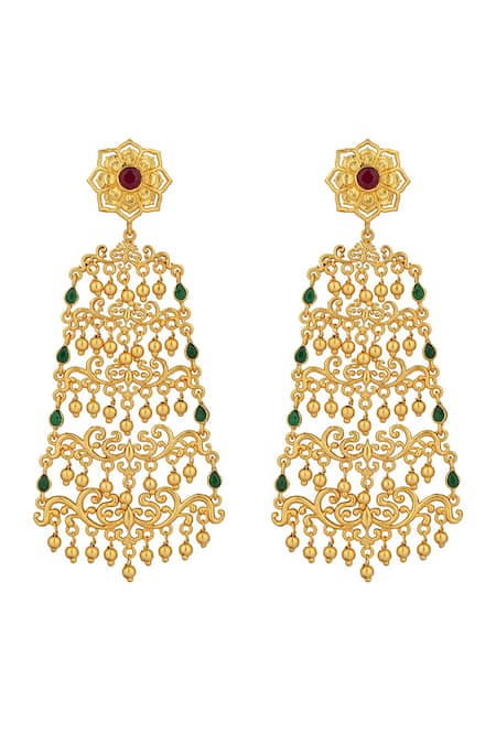 Zariin_Red Chains, Crystals Glorious Drama Filigree Earrings _at_Aza_Fashions