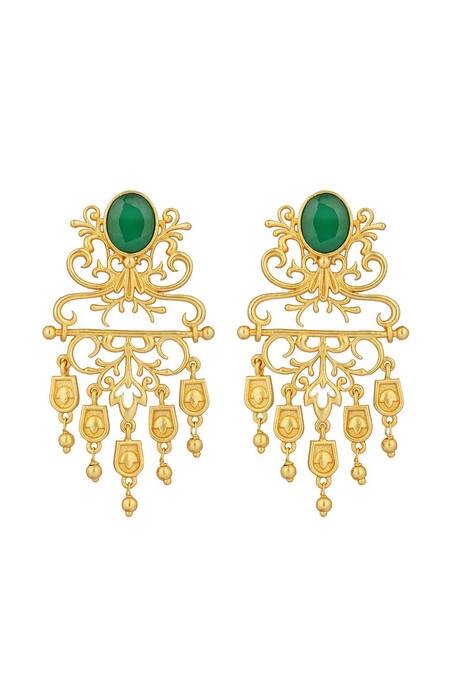 Buy_ZARIIN_Green Chains, Stones Majestic Charm Filigree Earrings _Online_at_Aza_Fashions