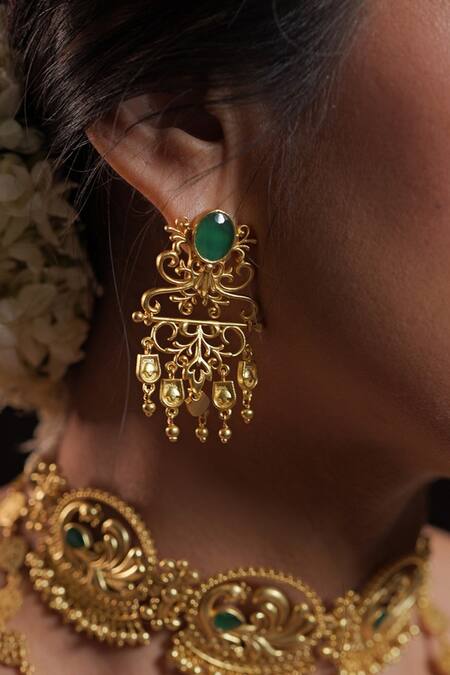 Shop_ZARIIN_Green Chains, Stones Majestic Charm Filigree Earrings _Online_at_Aza_Fashions