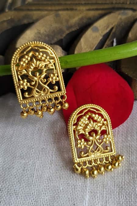 Shop Zariin Gold Plated Beads, Cut Work Timeless Treasures Filigree Earrings at Aza Fashions Shop_Zariin_Gold Plated Beads, Cut Work Timeless Treasures Filigree Earrings _at_Aza_Fashions