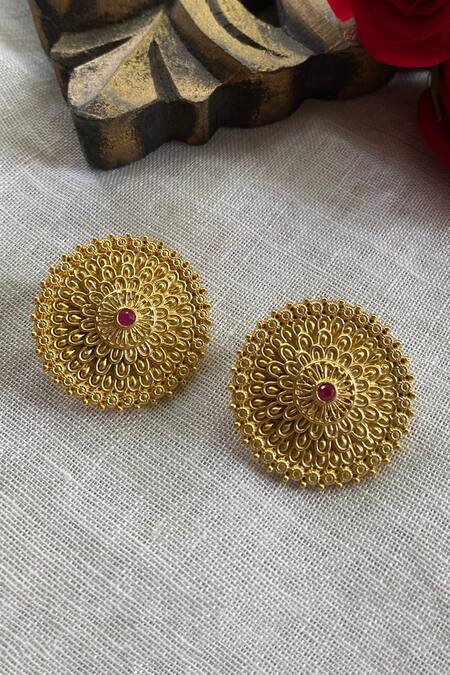 Shop Zariin Red Embroidery, Stones Antique Petals Floral Stud Earrings at Aza Fashions Shop_Zariin_Red Embroidery, Stones Antique Petals Floral Stud Earrings_at_Aza_Fashions