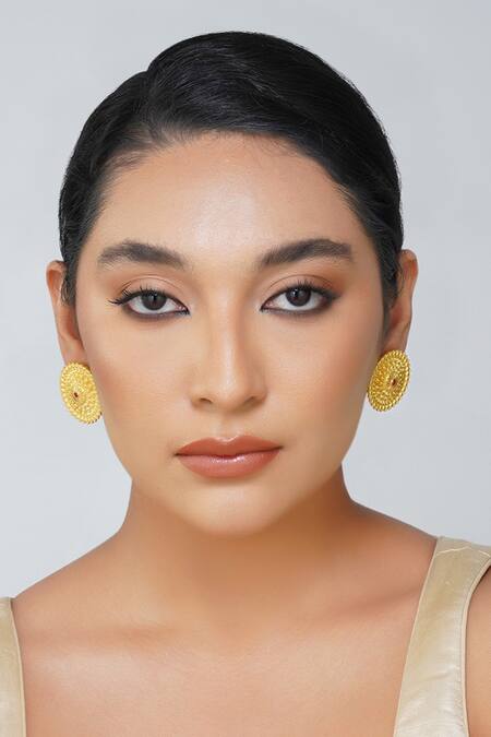 Zariin Red Embroidery, Stones Antique Petals Floral Stud Earrings Online at Aza Fashions Zariin_Red Embroidery, Stones Antique Petals Floral Stud Earrings_Online_at_Aza_Fashions