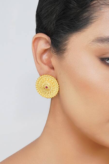 Shop Zariin Red Embroidery, Stones Antique Petals Floral Stud Earrings Online at Aza Fashions Shop_Zariin_Red Embroidery, Stones Antique Petals Floral Stud Earrings_Online_at_Aza_Fashions