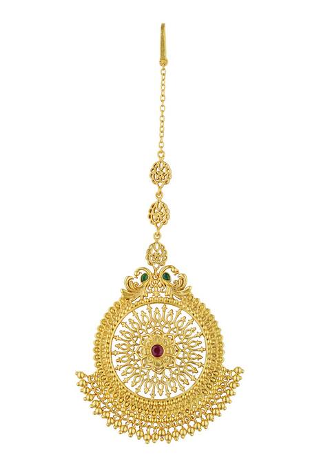 Zariin_Red Crystals Chola Legacy Floral Filigree Maangitkka _Online_at_Aza_Fashions