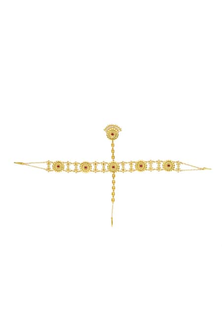 Shop ZARIIN Red Crystals Marigold Glory Floral Filigree Mathapatti at Aza Fashions Shop_ZARIIN_Red Crystals Marigold Glory Floral Filigree Mathapatti _at_Aza_Fashions