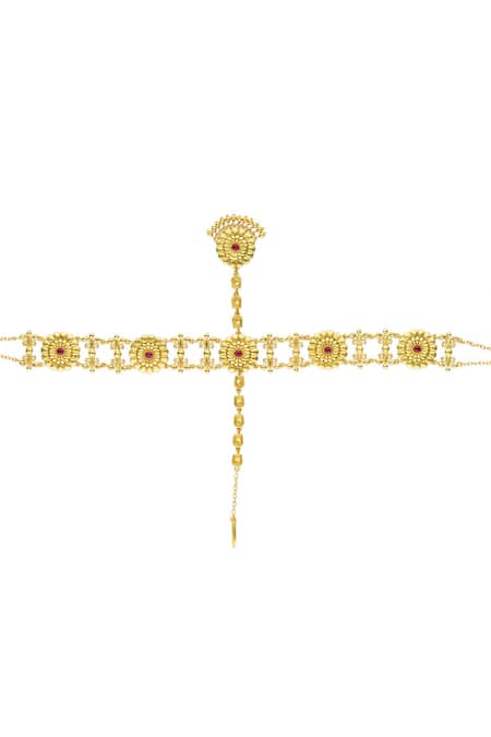 Shop ZARIIN Red Crystals Marigold Glory Floral Filigree Mathapatti Online at Aza Fashions Shop_ZARIIN_Red Crystals Marigold Glory Floral Filigree Mathapatti _Online_at_Aza_Fashions