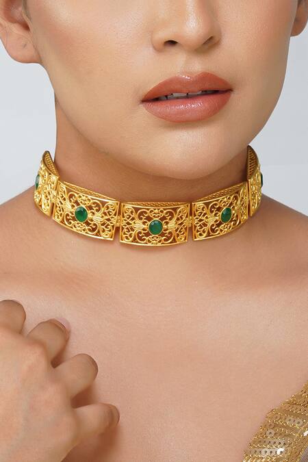 ZARIIN_Green Ancient Aura Filigree Choker Necklace_Online_at_Aza_Fashions