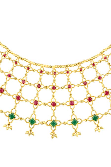 Zariin_Red Heritage Harmony Jaali Collar Necklace _Online_at_Aza_Fashions