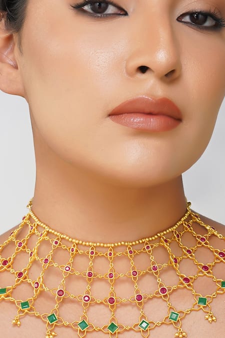 Buy_Zariin_Red Heritage Harmony Jaali Collar Necklace _Online_at_Aza_Fashions