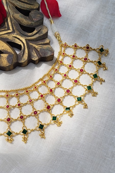 Shop_Zariin_Red Heritage Harmony Jaali Collar Necklace _Online_at_Aza_Fashions