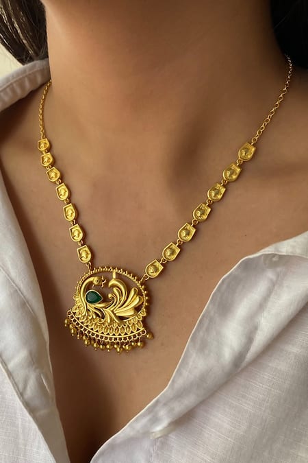 Shop_ZARIIN_Green Peacock Enigma Pendant Necklace _Online_at_Aza_Fashions