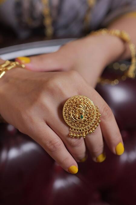 Shop_ZARIIN_Gold Plated Beads Majestic Mor Filigree Ring_Online_at_Aza_Fashions