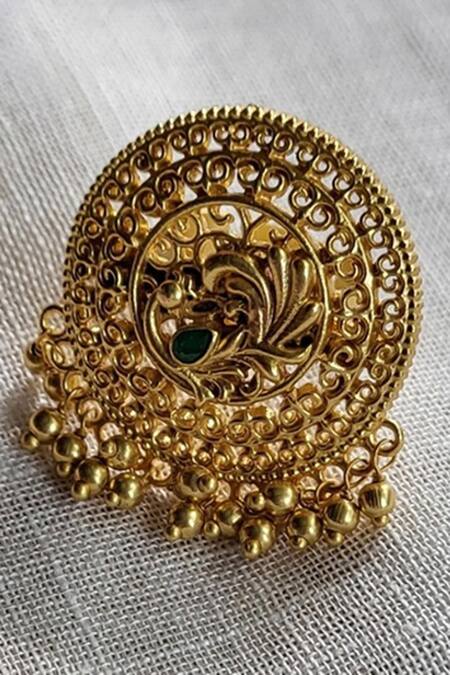 ZARIIN_Gold Plated Beads Majestic Mor Filigree Ring_at_Aza_Fashions